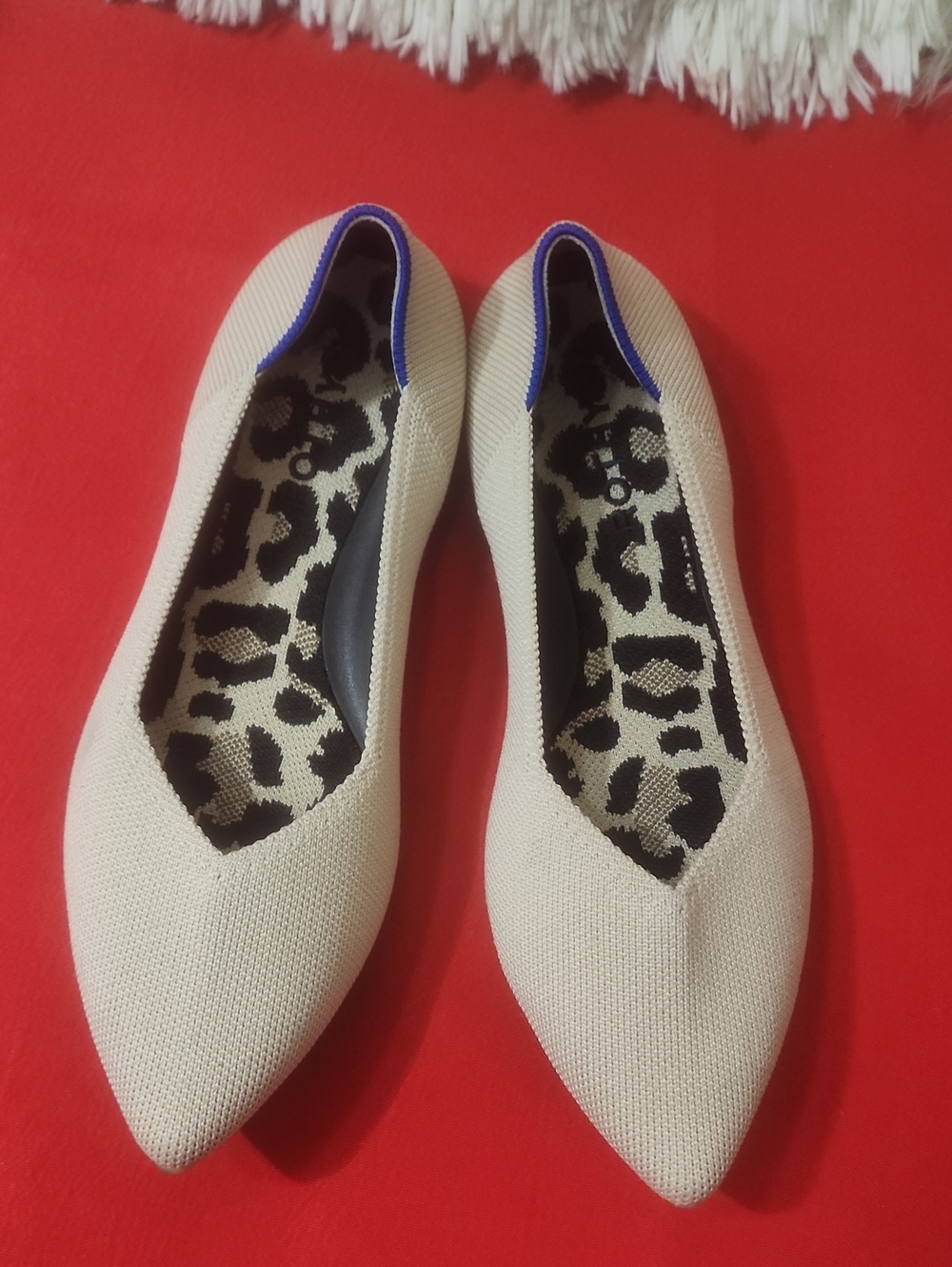 Rothy's Cream Pointed Knit Flats with Blue Trim